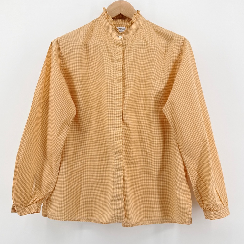 Uniqlo Ines de la Fressange Gingham Frill Collar Blouse M Orange Yellow Cotton